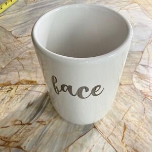 White Ceramic Face Makeup Brush Holder Silver Cursive Script Vanity Organizer